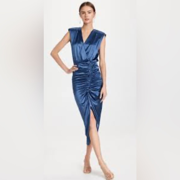 Veronica Beard Women's Casela Ruched V-Neck Midi Dress in Steel Blue - 4 - Picture 1 of 11